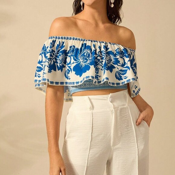 Multicolor Boho Women's Summer Flower Printed Flounce Off-Shoulder Crop Top - Picture 6 of 7